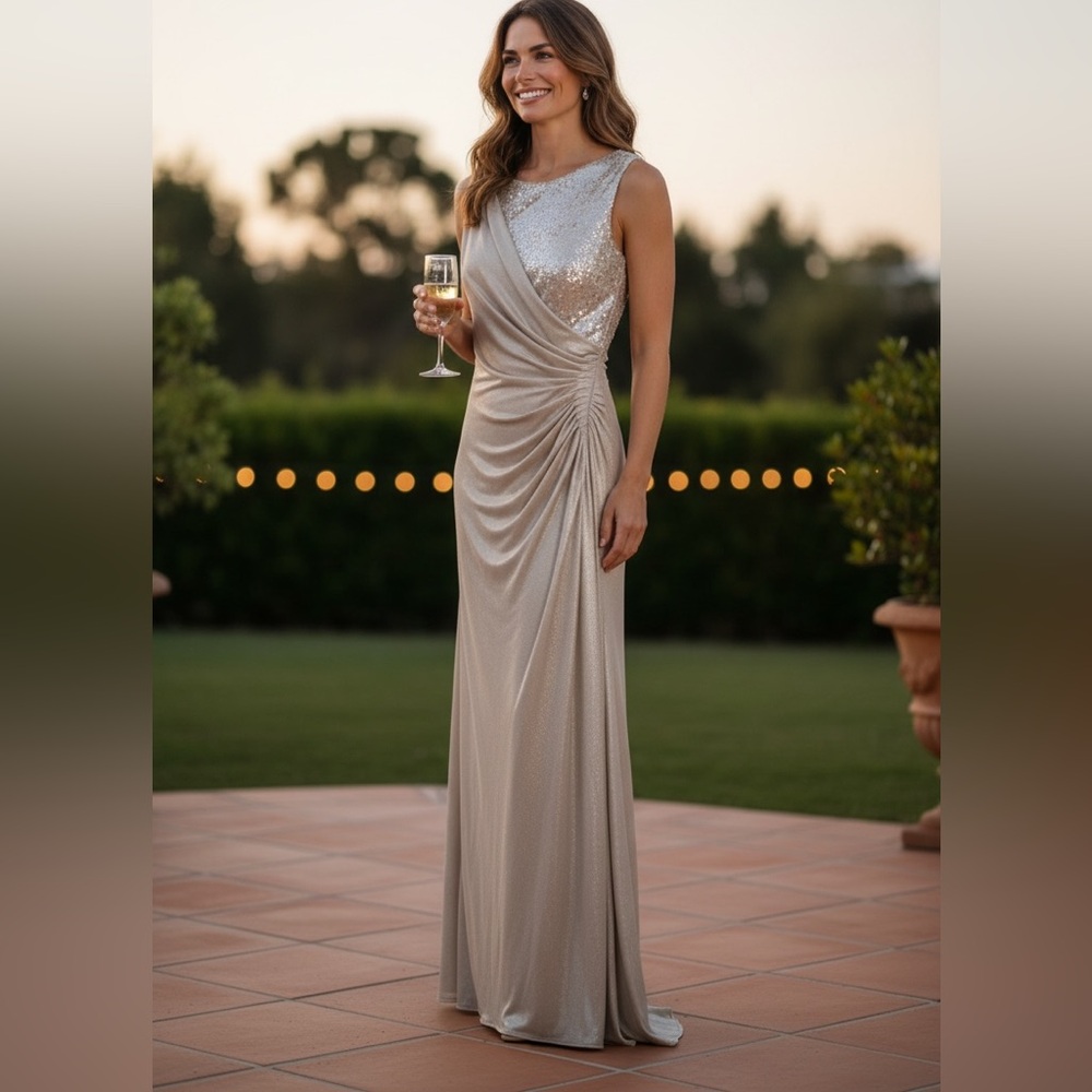 Adrianna Papell One Shoulder Sequin Gown in Silver and Cream